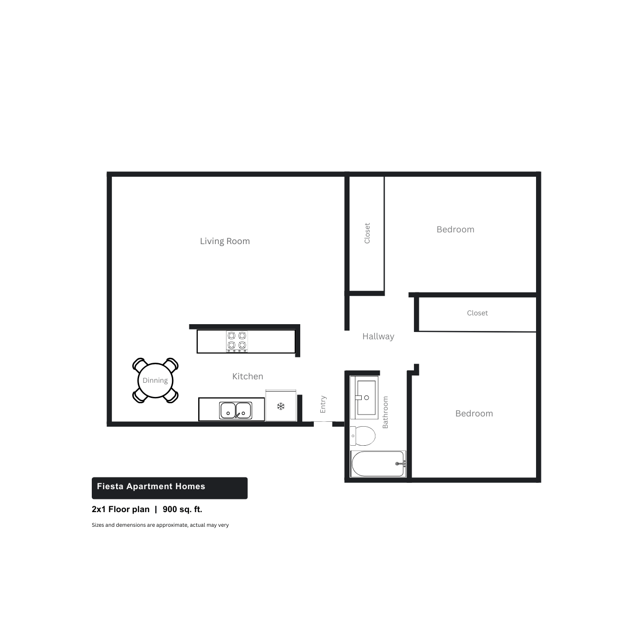 Floor plan for 2 beds, 1 bath, 900 sqft